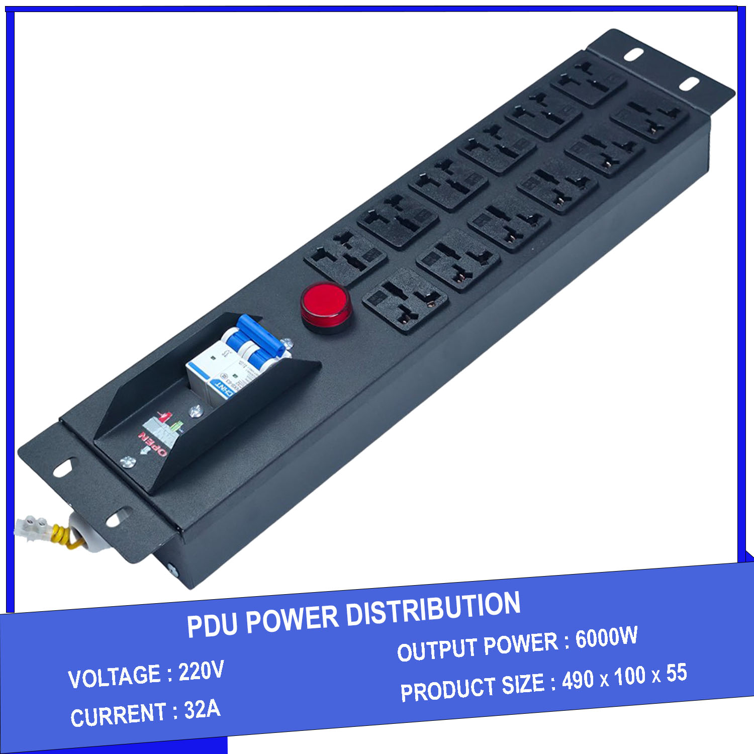 Thanh nguồn PDU 12 Cổng 12 Port, 12 ổ cắm 3 chấu có MCB