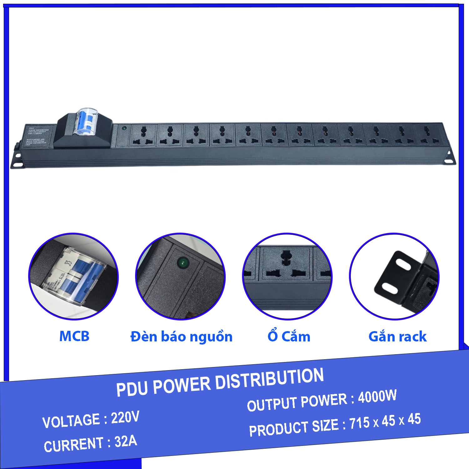 Ổ cắm điện, Thanh nguồn PDU 12 ổ đa dụng có APTOMAT MCB 32A dây dài 1.5M GF.PDU-12KG-MCB