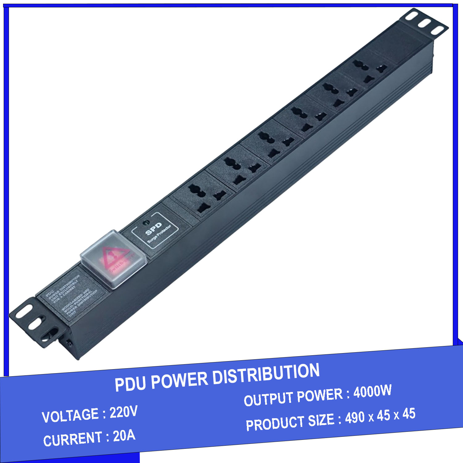 Ổ cắm điện, Thanh nguồn PDU 6 ổ chống sét ( SPD Surge Protector ) 1U gắn rack 19"